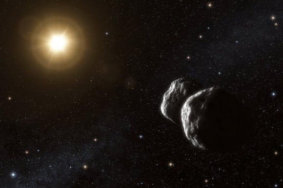 Artist’s impression of the asteroid (234) Barbara. Thanks to a unique method that uses ESO’s Very Large Telescope Interferometer, astronomers have been able to measure sizes of small asteroids in the main belt for the first time. Their observations also suggest that Barbara has a complex concave shape, best modelled as two bodies that may possibly be in contact. Credit: ESO/L. Calçada