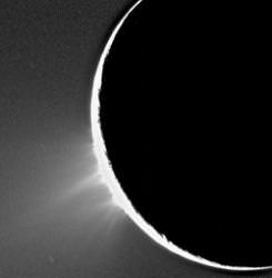 Plumes on Enceladus.  Image Credit:  NASA/JPL/Cassini team