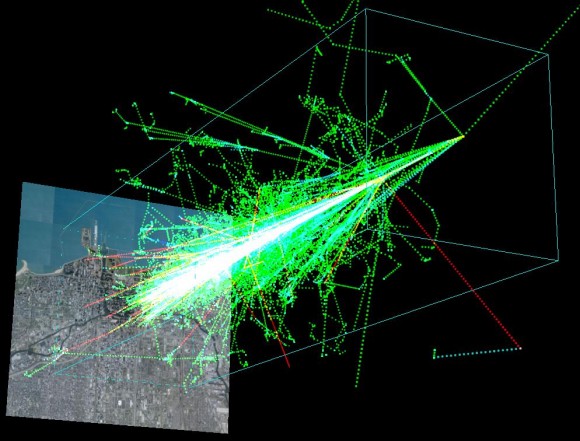 A simulation of the impact a cosmic ray has on entering the atmosphere (credit: AIRES package/Chicago University)