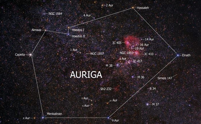 The northern constellation Auriga, showing the brightest stars of Capella, Menkalinan, and proximate Deep Sky Objects. Credit: stargazerslounge.com