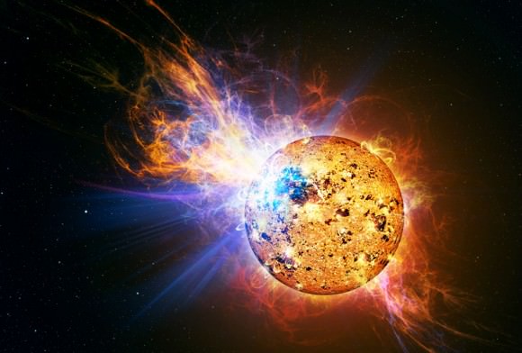 An artist depicts the incredibly powerful flare that erupted from the red dwarf star EV Lacertae. Credit: Casey Reed/NASA