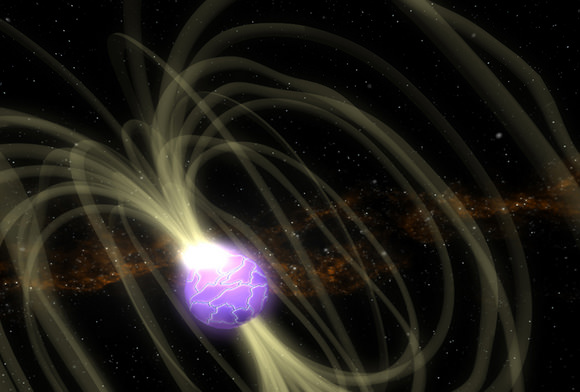 Gamma-rays flares from SGR J1550-5418 may arise when the magnetar's surface suddenly cracks, releasing energy stored within its powerful magnetic field. Credit:NASA/Goddard Space Flight Center Conceptual Image Lab