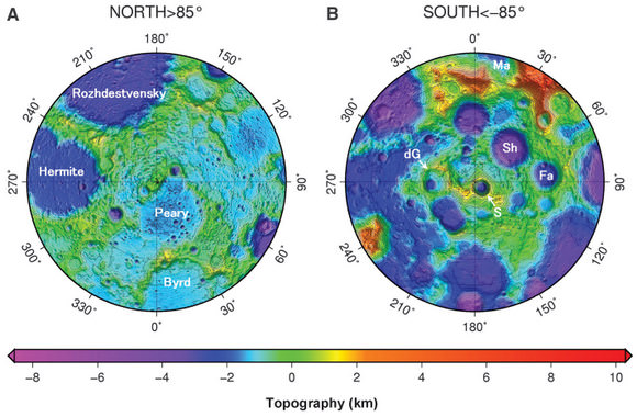 North (left) and South Pole maps of the moon obtained from Kaguya (SELENE) altimetry data. Credit: Hiroshi Araki et al. 2009