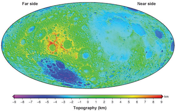 Lunar global topographic map obtained from Kaguya (SELENE) altimetry data shown in Hammer equal-area projection. Credit: Hiroshi Araki et al. 2009