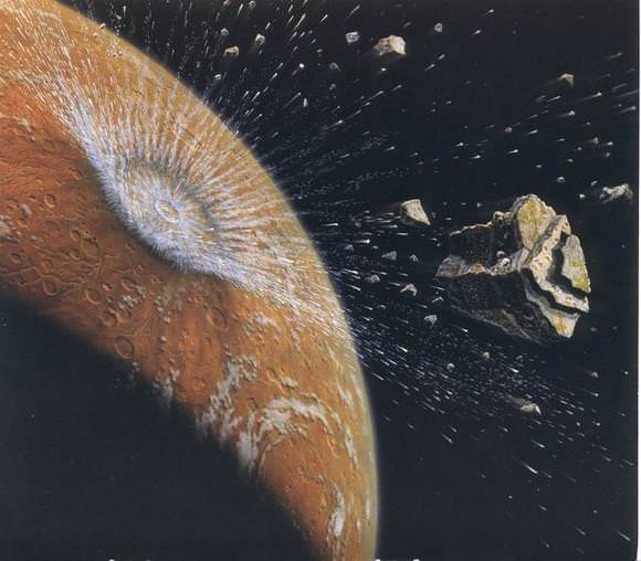 Artist's conception of an fragment as it blasts off from Mars. Boulder-sized planetary fragments could be a mechanism that carried life between Mars and Earth, UA planetary scientist Jay Melosh says. (Credit: The Planetary Society)