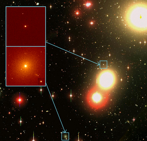 The background image was taken by Michael Hilker of the University of Bonn using the 2.5-metre Du Pont telescope, part of the Las Campanas Observatory in Chile. The two boxes show close-ups of two UCD galaxies in the Hilker image. These images were made using the Hubble Space Telescope by a team led by Michael Drinkwater, at the University of Queensland