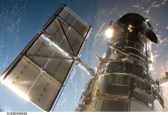 A view of the Hubble Space Telescope after it was captured by Atlantis' robotic arm. Credit: NASA
