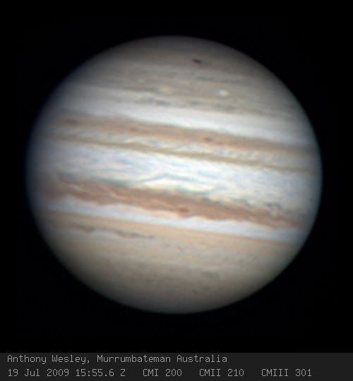 Anthony Wesley from Canberra, Australia looks to have captured a new impact spot on Jupiter. Credit: Anthony Wesle