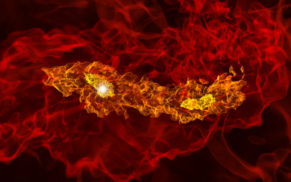 A simulated primordial star forming region approximately 200 million years after the Big Bang with two pre-stellar cores of more than five times the mass of the sun each. These cores formed at a separation of 800 times the distance from the Earth to the Sun, and are expected to evolve into a binary star system. Image © Science/AAAS