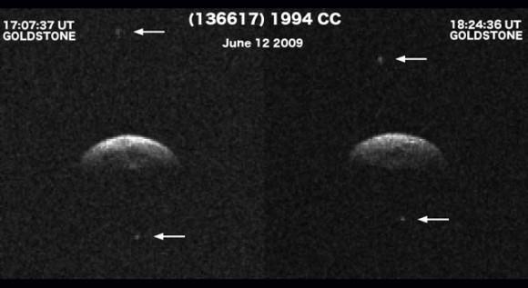 Radar imaging at NASA's Goldstone Solar System Radar on June 12 and 14, 2009, revealed that near-Earth asteroid 1994 CC is a triple system. Image Credit: NASA/JPL/GSSR 