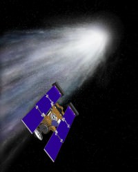 Artists concept of the stardust spacecraft flying throug the gas and dust from comet Wild 2. Credit: NASA/JPL
