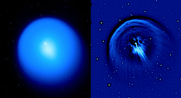 (Left) Image of comet Holmes from the 3.6-meter Canada-France-Hawaii telescope on Mauna Kea showing the large expanding dust coma. On the left, a 'raw' image is shown, in which the brightness reflects the distribution of dust in the coma of the comet (the nucleus is in the bright, point-like region to the upper left of center). On the right is shown the same image after application of the Laplacian spatial filter, to emphasize fine structures. The white/black circular objects are background stars enhanced by the Laplacian filter. 