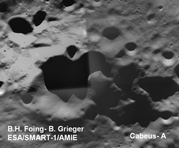 This image of LCROSS impact site Cabeus A was taken by the Advanced Moon Imaging Experiment (AMIE) on board ESA?s SMART-1 mission. The picture was taken from about 500 km, with small-field (about 50 km across) high resolution view (50 m/pixel). Image credit: B.Grieger, B.H. Foing & ESA/SMART-1/ AMIE team