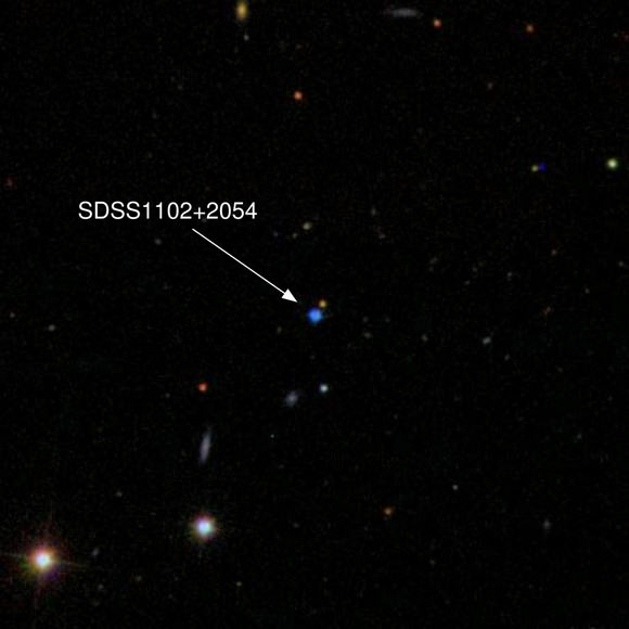 Sloan Digital Sky Survey spectroscopy of this inconspicuous blue object -- SDSS1102+2054 -- reveals it to be an extremely rare stellar remnant: a white dwarf with an oxygen-rich atmosphere
