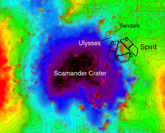 Topographical map of Spirit's location on Mars. Image Credit: NASA/JPL-Caltech/Ohio State University 