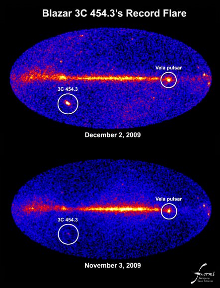 A comparison of the Fermi images from November 2nd and December 3rd of this year, showing the brightening of 3C 454.3. Image Credit: NASA