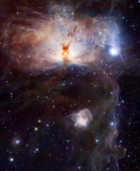 The Flame Nebula, as taken by the new VISTA visible and near-infrared camera. Click on the image for a zoomable hi-res image. Image Credit: ESO