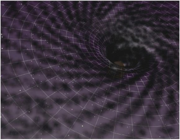 زیر تصویر:تصویر شماتیک از اثر تغییر فضا زمان توسط یک سیاهچاله فوق جرم در مرکز یک کهکشان.سیاهچاله ماده تاریک را با سرعتی که بستگی به جرم آن و مقدار ماده تاریک پیرامونش دارد میبلعد.