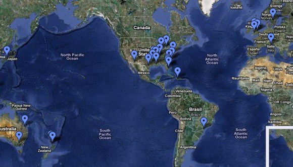 Screenshot of the Google Maps Aflockalypse maps of mass bird deaths.