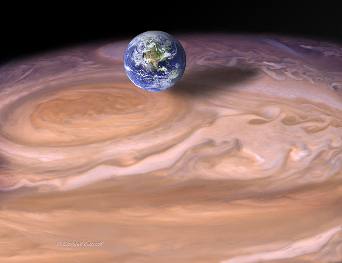 Earth next to Jupiter's red spot