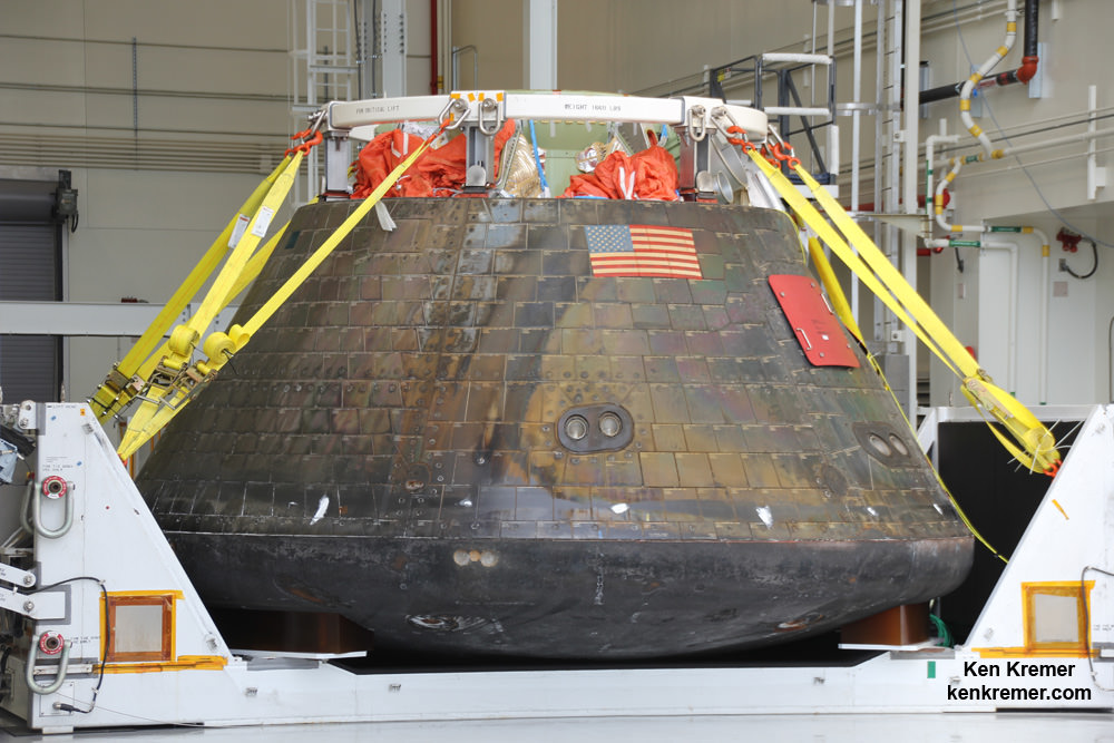 Homecoming view of NASA's first Orion spacecraft after returning to NASA's Kennedy Space Center in Florida on Dec. 19, 2014 after successful blastoff on Dec. 5, 2014.  Credit: Ken Kremer - kenkremer.com