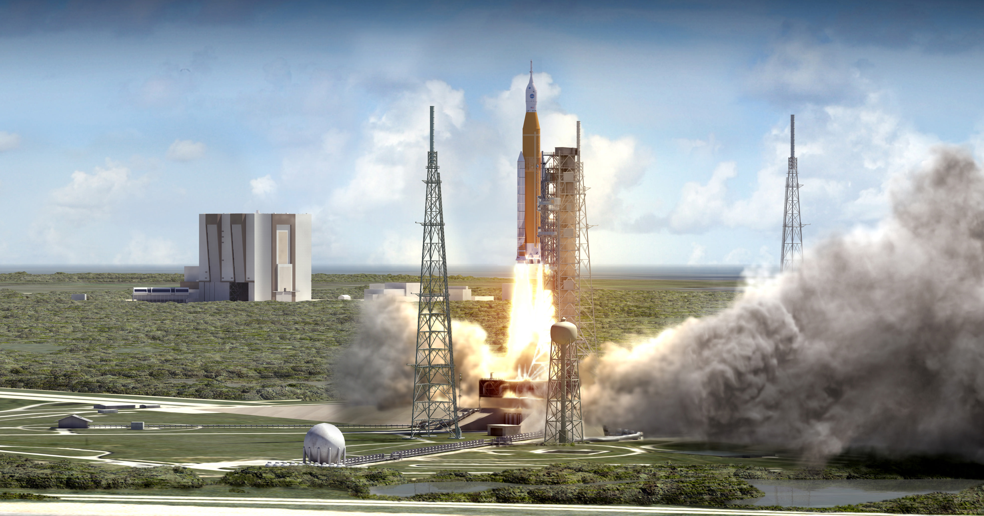 NASA's Space Launch System (SLS) blasts off from launch pad 39B at the Kennedy Space Center in this artist rendering showing a view of the liftoff of the Block 1 70-metric-ton (77-ton) crew vehicle configuration.   Credit: NASA/MSFC