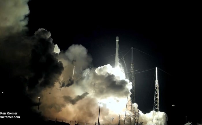 Blastoff of SpaceX Falcon 9 from Cape Canaveral Air Force Station on Dec. 21, 2015.   First stage successfully landed vertically back at the Cape ten minutes later for the first time in history.   Credit: Ken Kremer/kenkremer.com