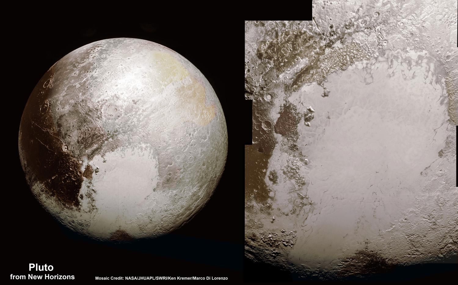 This global mosaic view of Pluto was created from the latest high-resolution images to be downlinked from NASA's New Horizons spacecraft and released on Sept. 11, 2015.   The images were taken as New Horizons flew past Pluto on July 14, 2015, from a distance of 50,000 miles (80,000 kilometers).  This mosaic was stitched from over two dozen raw images captured by the LORRI imager and colorized.  Right side mosaic comprises twelve highest resolution views of Tombaugh Regio heart shaped feature and shows objects as small as 0.5 miles (0.8 kilometers) in size.  Credits: NASA/Johns Hopkins University Applied Physics Laboratory/Southwest Research Institute/ Ken Kremer/kenkremer.com/Marco Di Lorenzo