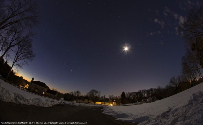 5 Planets Alignment The Moon 01-30-2016, 06:13am EST outside of Warrenton, Virginia. Image credit and copyright: John Chumack Canon 6D DSLR, 8mm fisheye Lens, Slightly Cropped ISO 800, 8 second exposure,