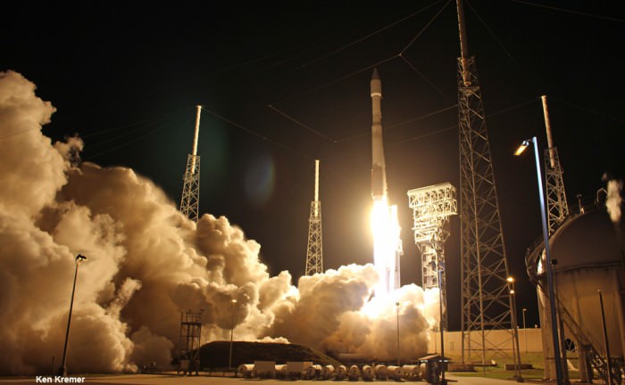 A United Launch Alliance (ULA) Atlas V rocket carrying the OA-6 mission lifted off from Space Launch Complex 41 at 11:05 p.m. EDT on March 22, 2016 from Cape Canaveral Air Force Station, Fla. Credit: Ken Kremer/kenkremer.com