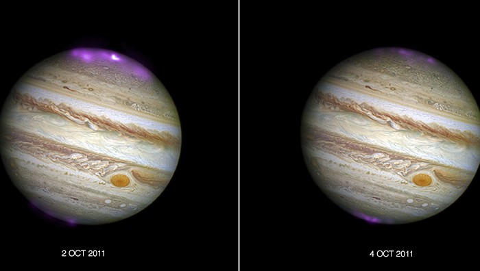 Composite images from the Chandra X-Ray Observatory and the Hubble Space Telescope show the hyper-energetic x-ray auroras at Jupiter. The image on the left is of the auroras when the coronal mass ejection reached Jupiter, the image on the right is when the auroras subsided. The auroras were triggered by a coronal mass ejection from the Sun that reached the planet in 2011. Image: X-ray: NASA/CXC/UCL/W.Dunn et al, Optical: NASA/STScI