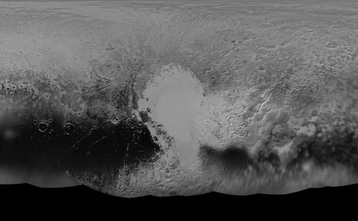 NASA’s New Horizons mission science team has produced this updated panchromatic (black-and-white) global map of Pluto. Credits: NASA/JHUAPL/SWRI