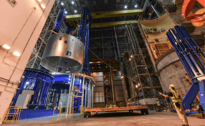 Space Launch System (SLS) core stage engine section finishes welding at the Vertical Assembly Center at NASA's Michoud Assembly Facility in New Orleans for maiden flight of SLS rocket. Credit: NASA