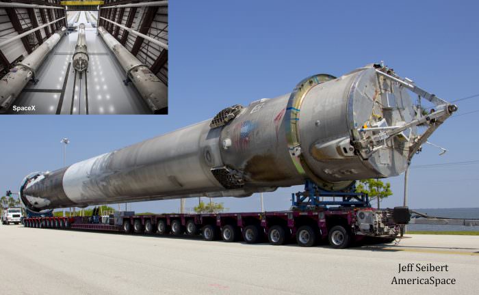 Composite image of first stage booster from SpaceX JCSAT-14 launch was transported horizontally to SpaceX hangar at pad 39A at the Kennedy Space Center, Florida on May 16, 2016. Credit: Jeff Seibert/AmericaSpace.  Inset: Trio of SpaceX boosters inside pad 39A hangar. Credit: SpaceX.  Composite:  Ken Kremer