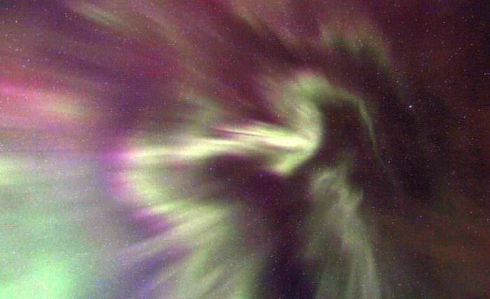 A coronal aurora twists overhead in this photo taken early on May 8 from near Duluth, Minn. Credit: Bob King