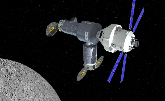 Artist rendering of Orbital ATK concept for an initial lunar habitat outpost, as it would appear with NASA’s Orion spacecraft in 2021. Credit: Orbital ATK
