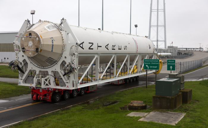 Orbital ATK’s Antares first stage with the new engines is rolled from NASA Wallops Flight Facility’s Horizontal Integration Facility to Virginia Space’s Mid-Atlantic Regional Spaceport Pad-0A on May 12, 2016, in preparation for the upcoming stage test in the next few weeks.   Credit: NASA's Wallops Flight Facility/Allison Stancil
