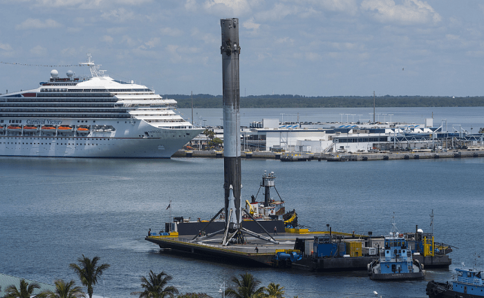 A recovered Falcon 9 first stage arriving in port on-board the drone ship. Image: SpaceX