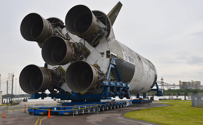 Looking at the business end of the Saturn V as it gets moved towards the barge that will transport it to Mississippi. Image: Infinity Science Center.