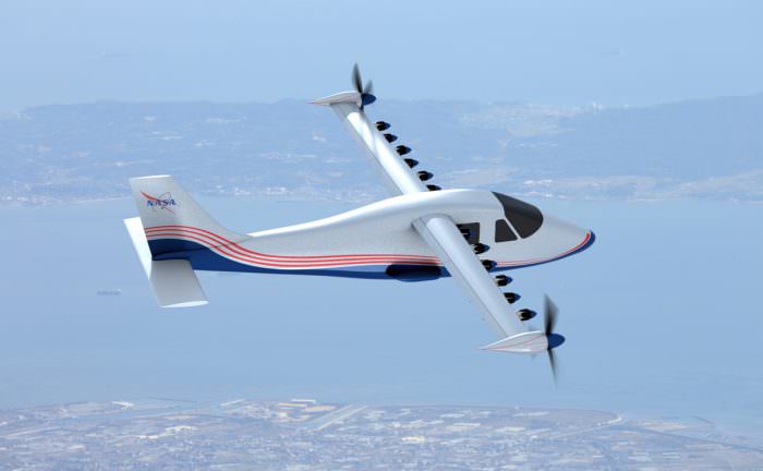 An artist's concept of NASA's X-57 Maxwell aircraft, a new electric X-plane that is quieter, more efficient and more environmentally friendly. Credits: NASA Langley/Advanced Concepts Lab, AMA, Inc