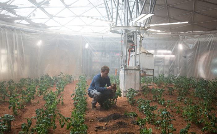 Screenshot from the The Martian, showing character Mark Watney tend to his Martian potato crop. Credit: Twentieth Century Fox Film Corporation