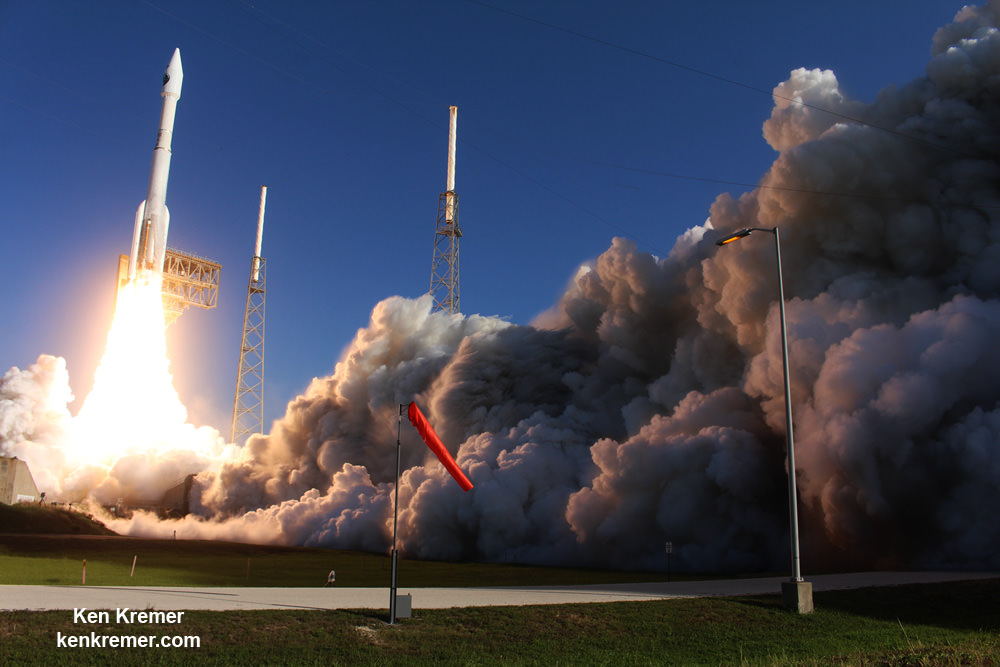 A United Launch Alliance (ULA) Atlas V rocket carrying the NROL-61 surveillance satellite for the National Reconnaissance Office (NRO) lifts off from Space Launch Complex-41 on July 28, 2016 at 8:37 a.m. EDT from Cape Canaveral Air Force Station, FL.  Credit: Ken Kremer/kenkremer.com