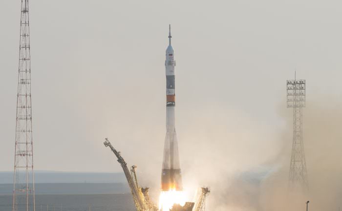 The Soyuz MS-01 spacecraft launches from the Baikonur Cosmodrome with Expedition 48-49 crewmembers Kate Rubins of NASA, Anatoly Ivanishin of Roscosmos and Takuya Onishi of the Japan Aerospace Exploration Agency (JAXA) onboard, Thursday, July 7, 2016 , Kazakh time (July 6 Eastern time), Baikonur, Kazakhstan.  Photo Credit: NASA/Bill Ingalls