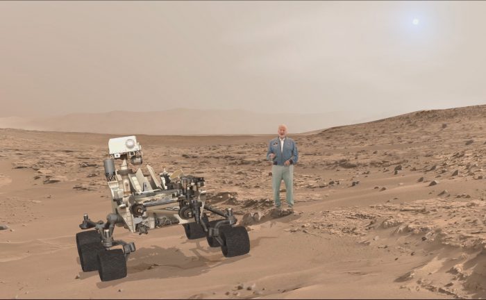 A scene from ‘Destination Mars’ of Buzz Aldrin and  NASA’s Curiosity Mars rover with the Gale crater rim in the distance. The new, limited time interactive exhibit is now showing at the Kennedy Space Center visitor complex in Florida through Jan 1, 2017. Credit: NASA/JPL/Microsoft