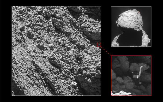 Philae has been found! Credit: Main image and lander inset: ESA/Rosetta/MPS for OSIRIS Team MPS/UPD/LAM/IAA/SSO/INTA/UPM/DASP/IDA; context: ESA/Rosetta/ NavCam.