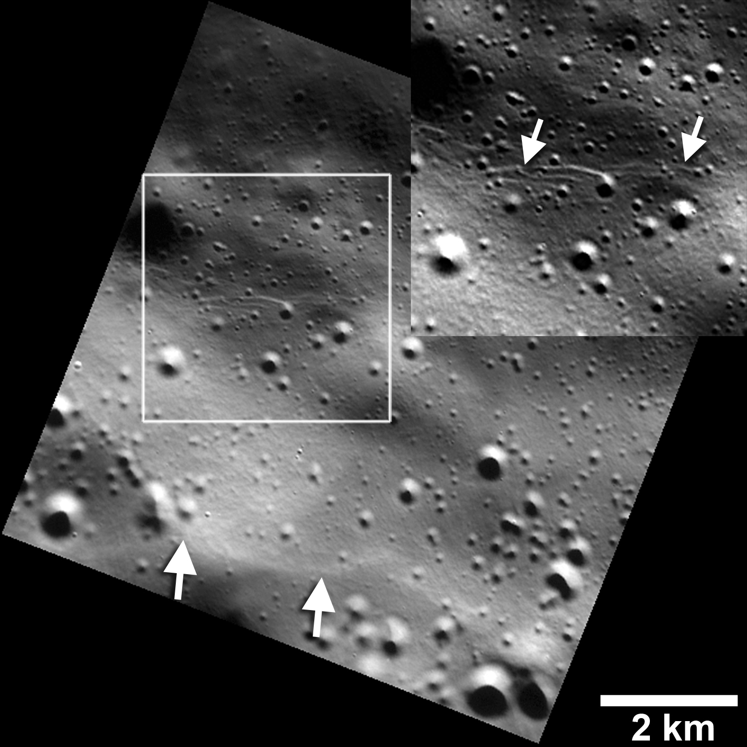 Images showing small fault scarps and trough (lower and upper white arrows) found on Mercury;s surface. Credits: NASA/JHUAPL/Carnegie Institution of Washington/Smithsonian Institution
