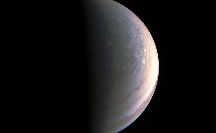 JunoCam captured this image of Jupiter's north pole region from a distance of 78,000 km (48,000 miles) above the planet.