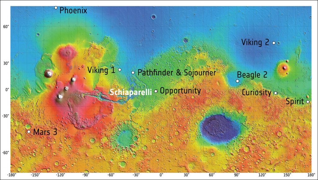 On 19 October 2016, the ExoMars 2016 entry, descent, and landing demonstrator module, known as Schiaparelli, will land on Mars in a region known as Meridiani Planum. The landing sites of the seven rovers and landers that have reached the surface of Mars and successfully operated there are indicated on this map. The background image is a shaded relief map of Mars, based on data from the Mars Orbiter Laser Altimeter (MOLA) instrument, on NASA’s Mars Global Surveyor spacecraft. 