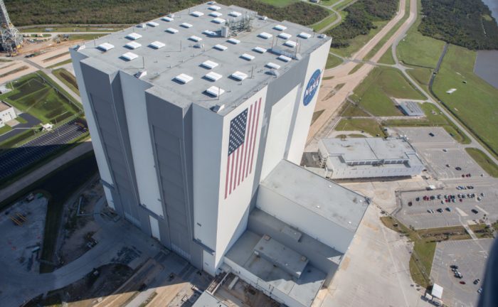 Aerial view of the Vehicle Assembly Building (VAB) at NASA’s Kennedy Space Center (KSC) on Oct. 8, 2016 by damage assessment and recovery team surveying the damage at KSC the day after Hurricane Matthew passed by Cape Canaveral on Oct. 7, 2016 packing sustained winds of 90 mph with gusts to 107 mph.  Credit: NASA/Cory Huston