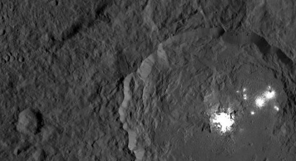 This image has the cameras on the Dawn spacecraft looking straight down at Occator Crater on Ceres, with its signature bright areas. Dawn scientists have found that the central bright spot, which harbors the brightest material on Ceres, contains a variety of salts. Credit: NASA/JPL-Caltech/UCLA/MPS/DLR/IDA